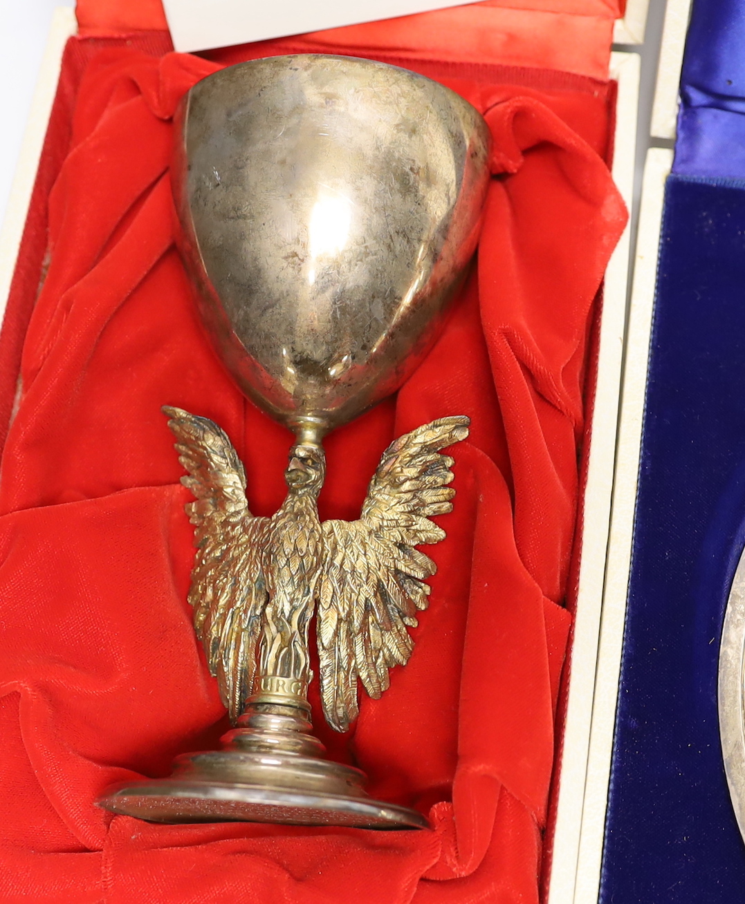 Four cased presentation silver items to include a bowl, numbered 336 of 750, made by Order of the Royal National Lifeboat Institution to commemorate their 105th anniversary in 1974, together with three goblets limited to